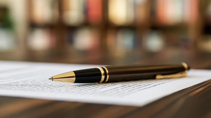 Black and gold ballpoint pen resting diagonally on printed document on wooden desk with blurred bookshelf background