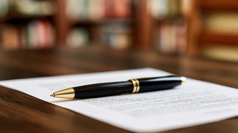 Black and gold ballpoint pen resting diagonally on a printed document on a wooden desk with bookshelf in background