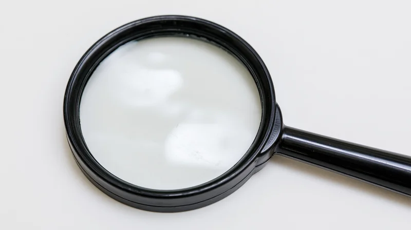 Black plastic handheld magnifying glass lying flat on white surface