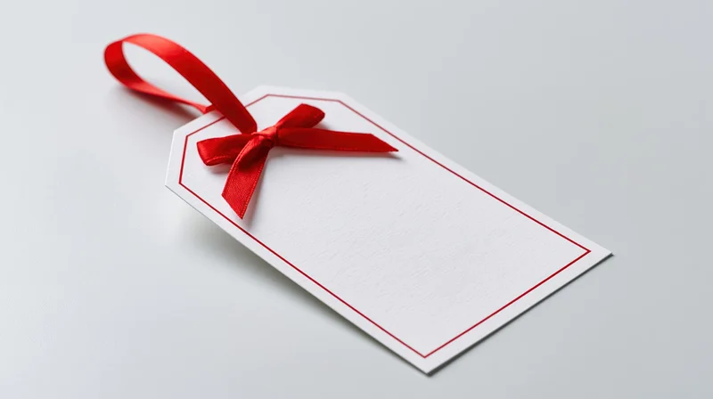 Blank white gift tag with red ribbon bow on light surface
