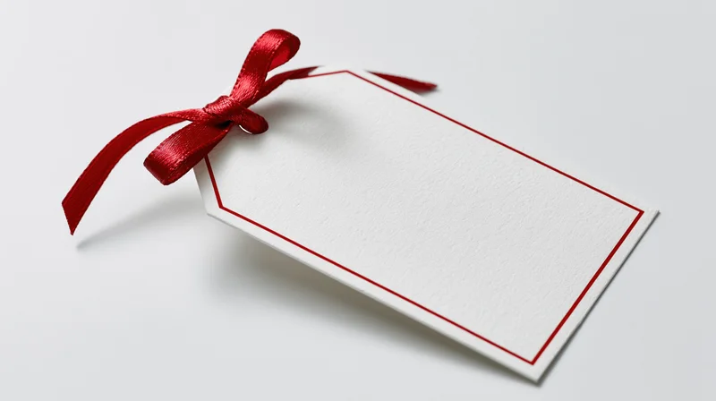 Blank white gift tag with red ribbon bow on white background