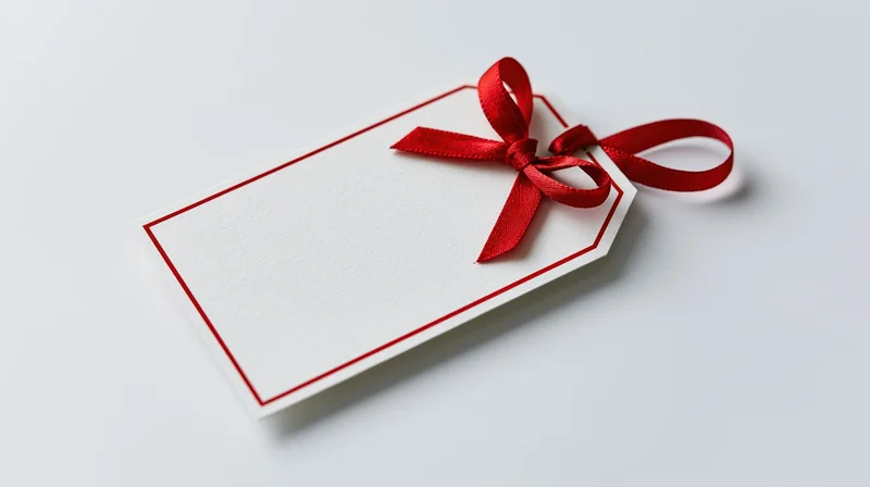 Blank white gift tag with red ribbon bow on plain background