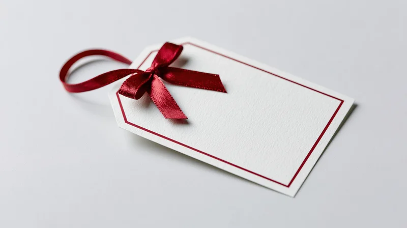 Blank white gift tag with red ribbon bow on plain background