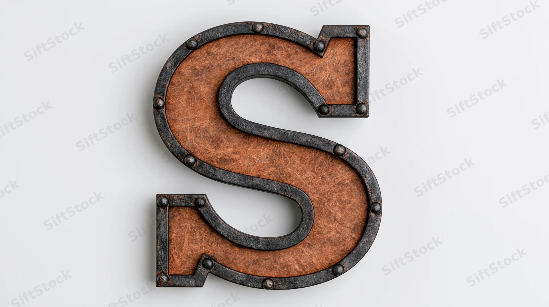 Industrial steampunk letter s with metal frame and rivets on white background