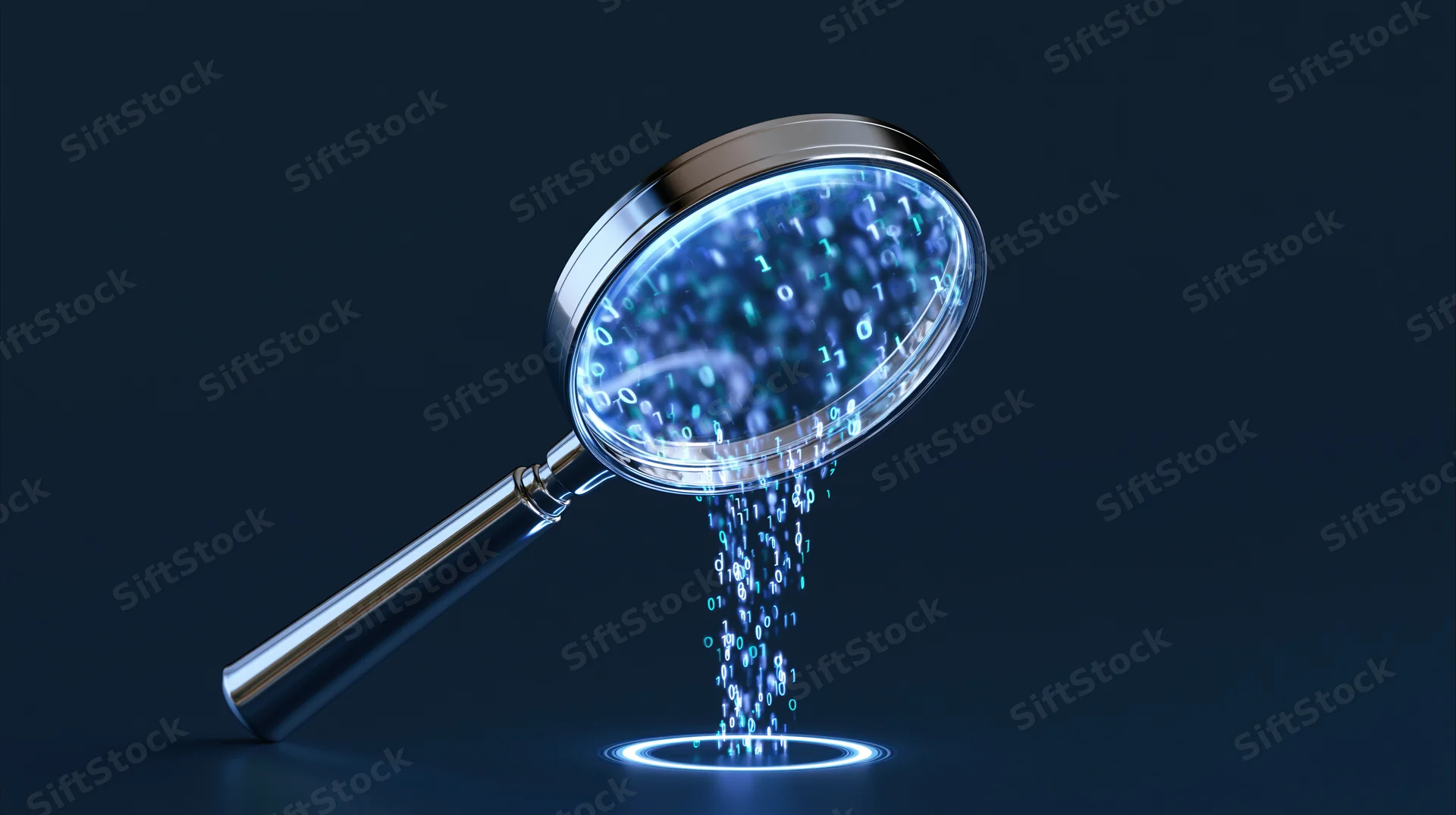 Chrome magnifying glass tilted, glowing blue binary data streaming from lens onto illuminated circle on dark surface