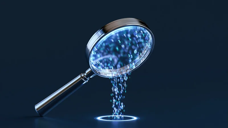 Chrome magnifying glass tilted, glowing blue binary data streaming from lens onto illuminated circle on dark surface