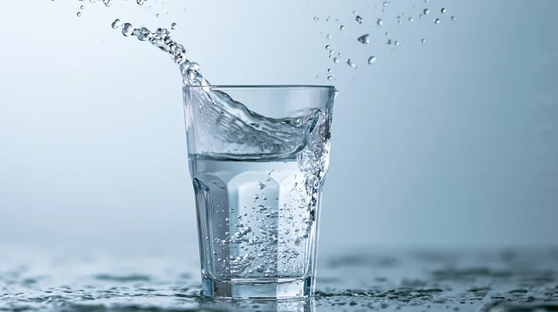 Water splashing into a clear glass on a light surface