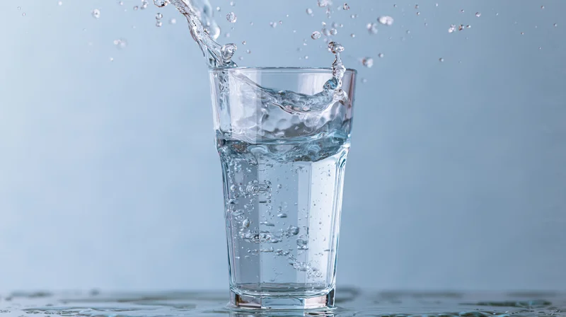 Water splashing into a clear glass on a light blue background with copyspace