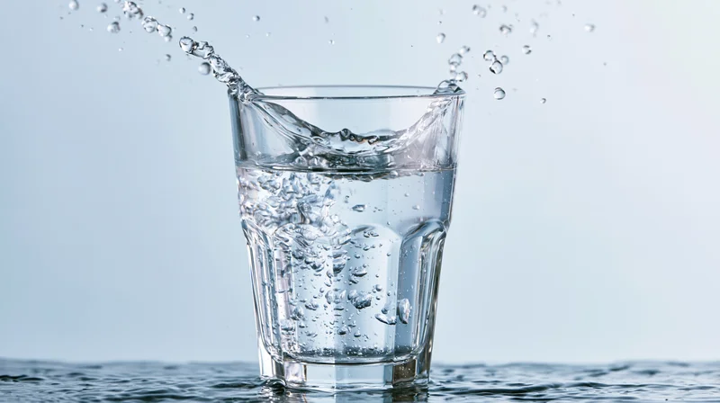 Water splashing into a clear glass on a white background