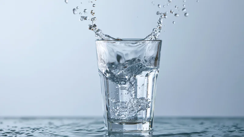Water splashing into a clear glass on a smooth surface