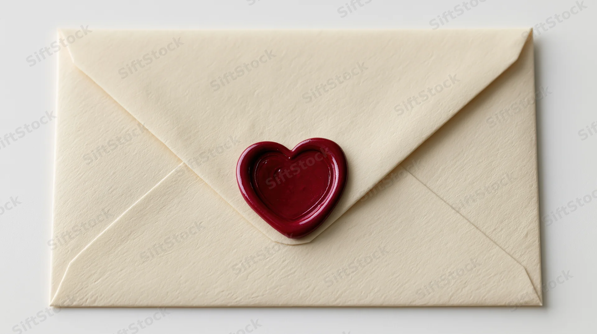 Cream envelope sealed with red heart wax seal on white background