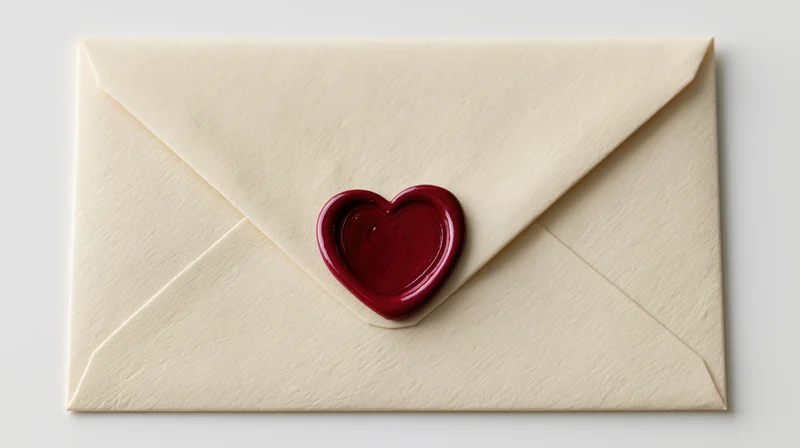 Cream envelope sealed with red heart wax seal on white background