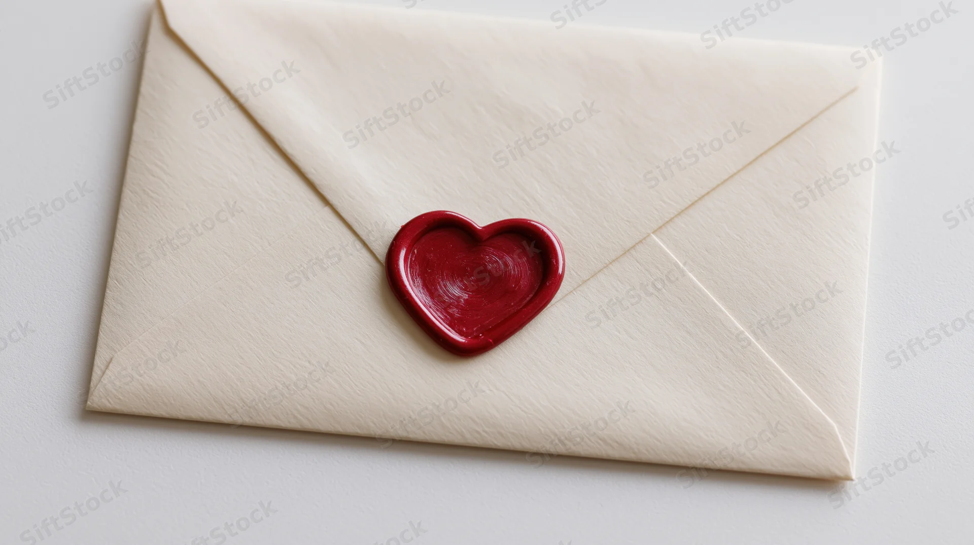 Cream envelope sealed with red heart wax seal on white surface