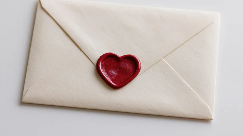 Cream envelope sealed with red heart wax seal on white surface