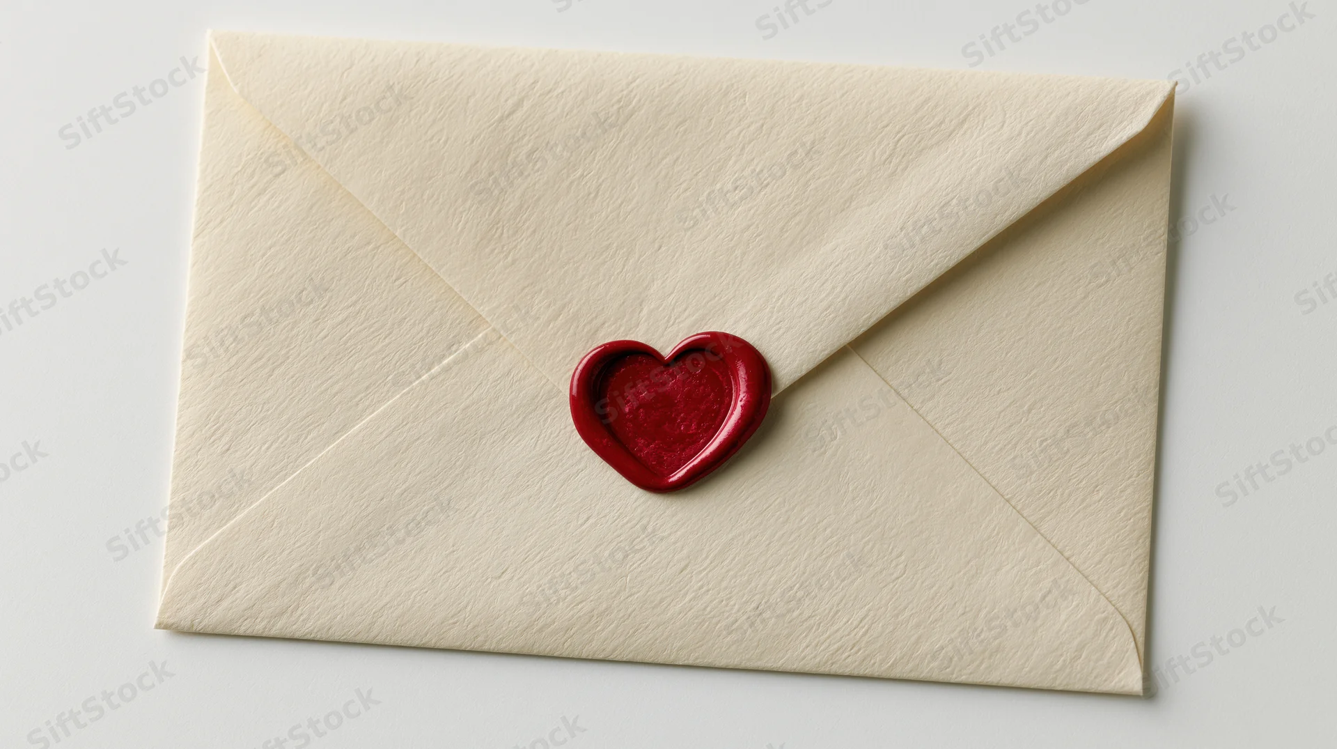 Cream envelope sealed with red heart wax seal on white surface