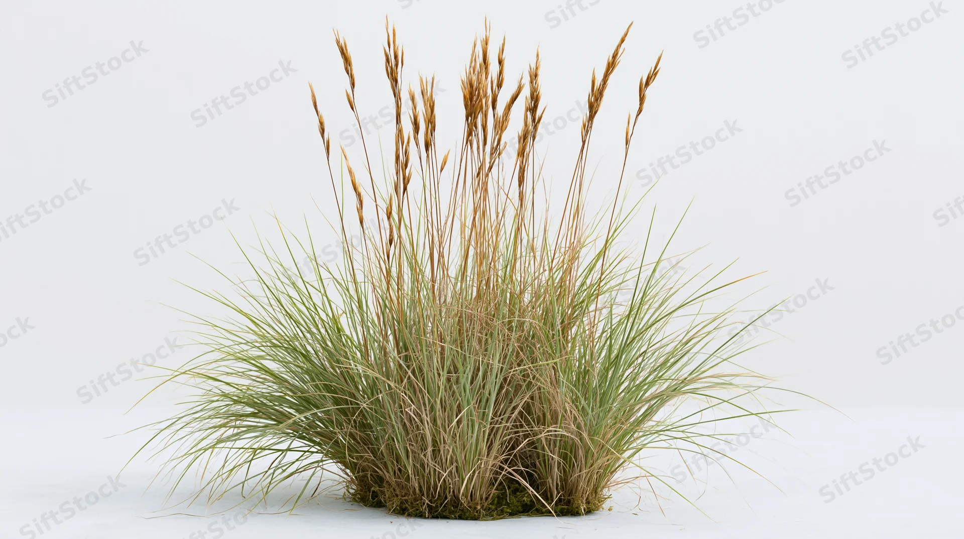 Compact clump of ornamental grass with green blades and brown seedheads on white background