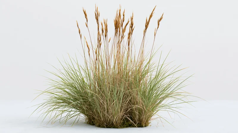 Compact clump of ornamental grass with green blades and brown seedheads on white background