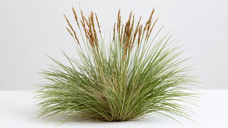 Compact clump of ornamental grass with green blades and brown seedheads on white background