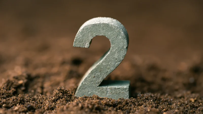 Concrete number two standing upright in soil