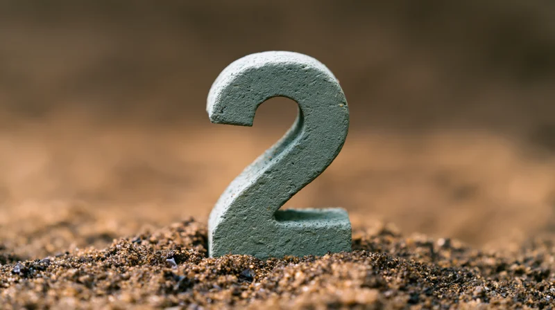 Concrete number two standing upright in coarse soil with shallow depth of field