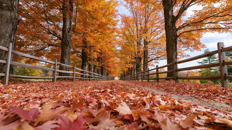 Autumn maple trees lining a rural lane covered in fallen leaves