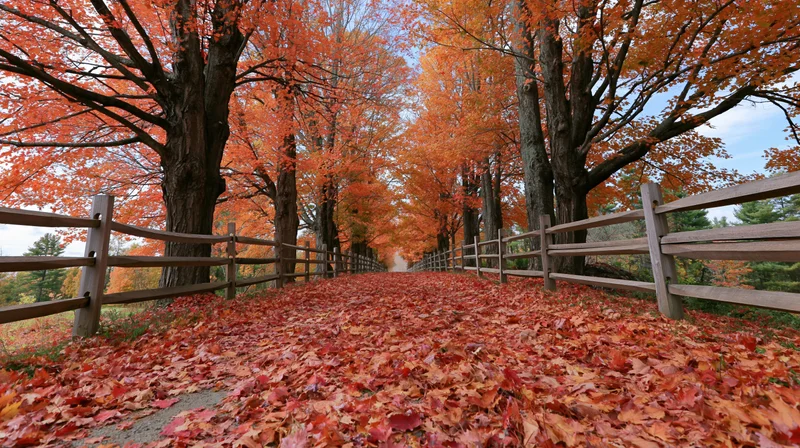 Autumn maple trees lining a country lane covered in fallen leaves with wooden fences on both sides
