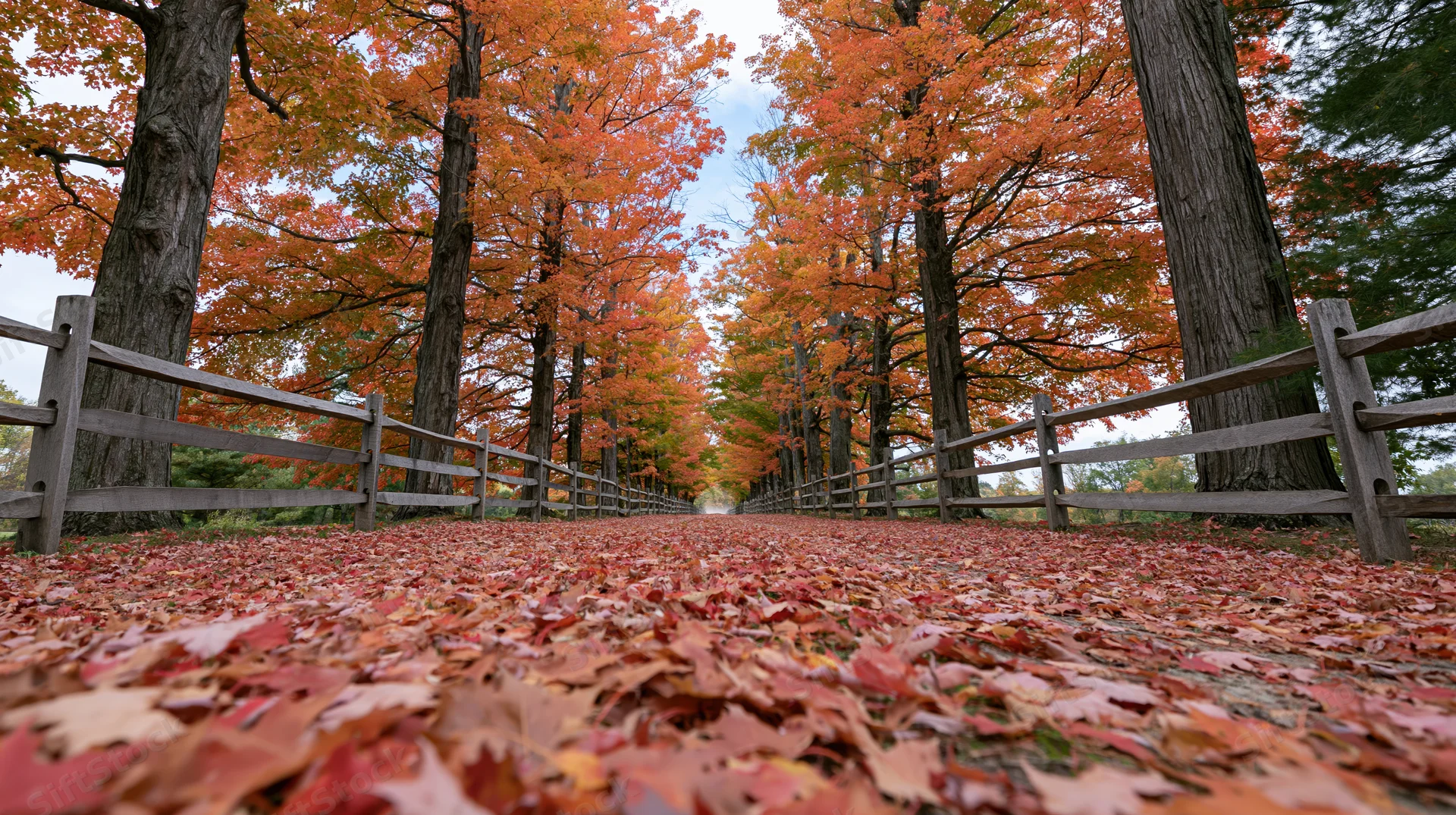 Autumn maple trees lining a country lane covered in fallen leaves with wooden fence on both sides
