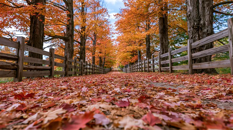 Autumn maple trees lining a country lane covered in fallen leaves, flanked by wooden fences under a partly cloudy sky
