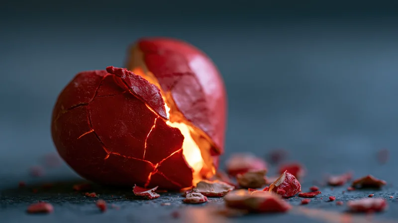 Cracked red ceramic heart glowing from within on dark surface