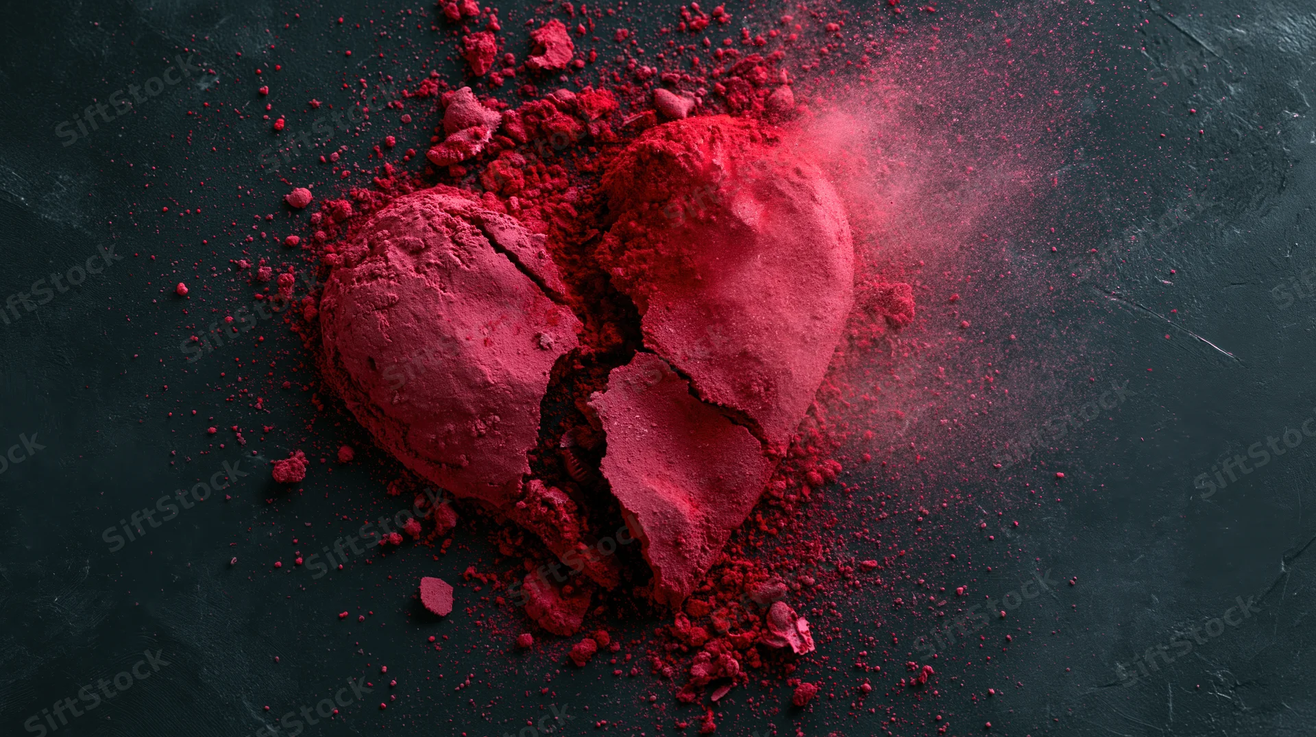 Broken red heart made of pigment powder on dark surface with scattered fragments
