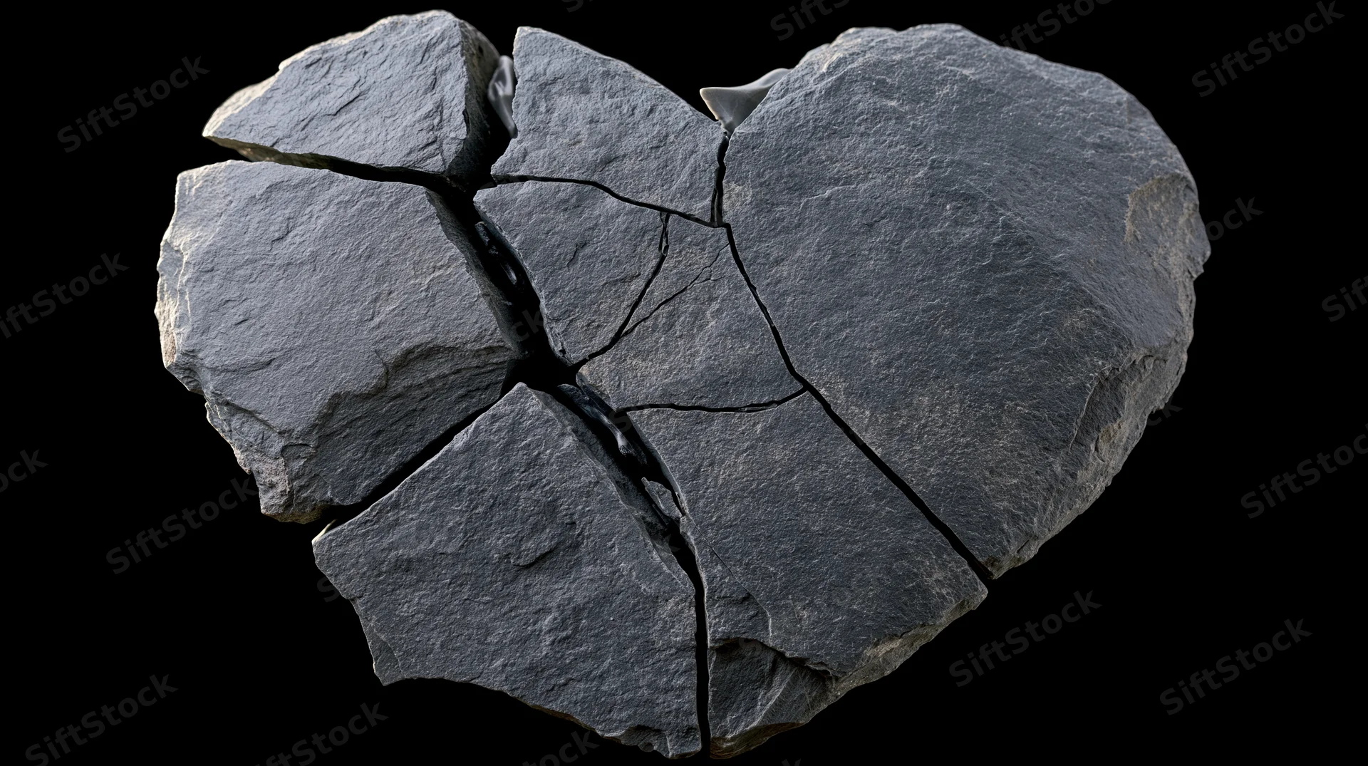 Broken slate stone heart sculpture with jagged cracks on black background