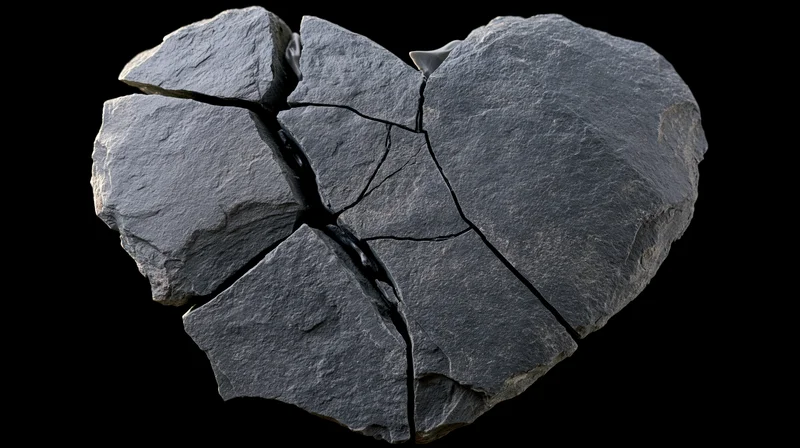 Broken slate stone heart sculpture with jagged cracks on black background