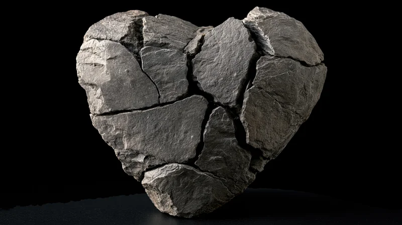 Cracked slate stone heart sculpture on black background