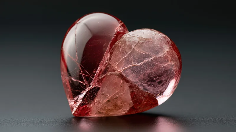 Cracked glass heart sculpture on dark reflective surface
