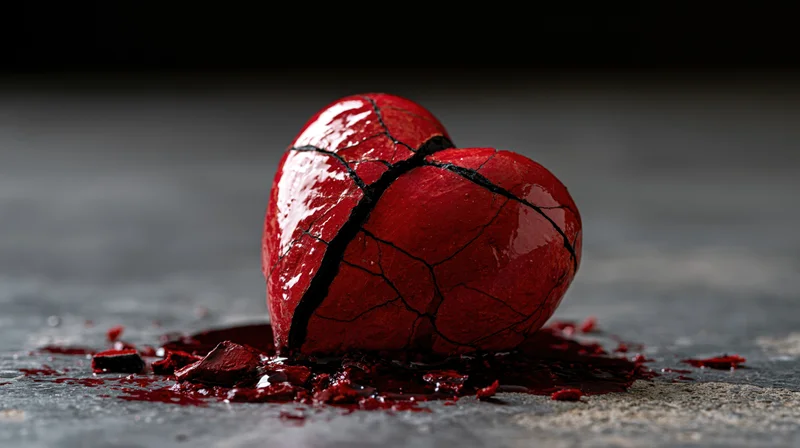 Cracked red ceramic heart resting on dark concrete floor with scattered shards and liquid residue