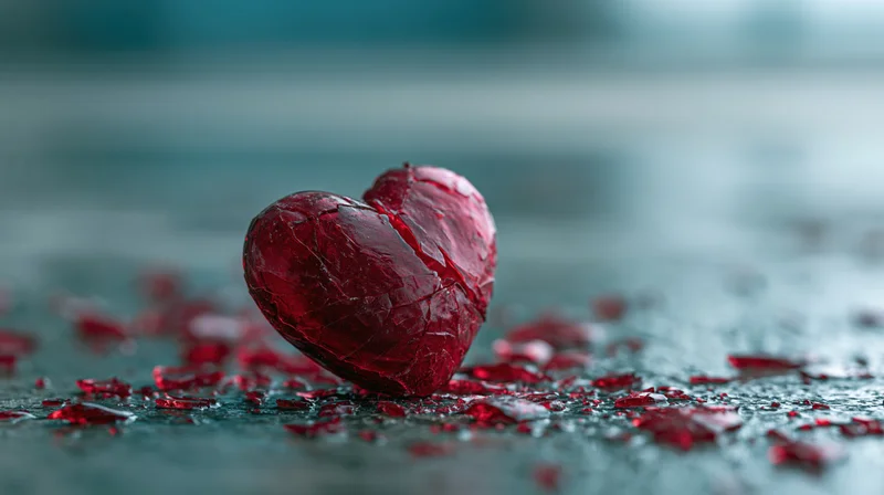 Cracked red glass heart resting on wet dark concrete with scattered shards