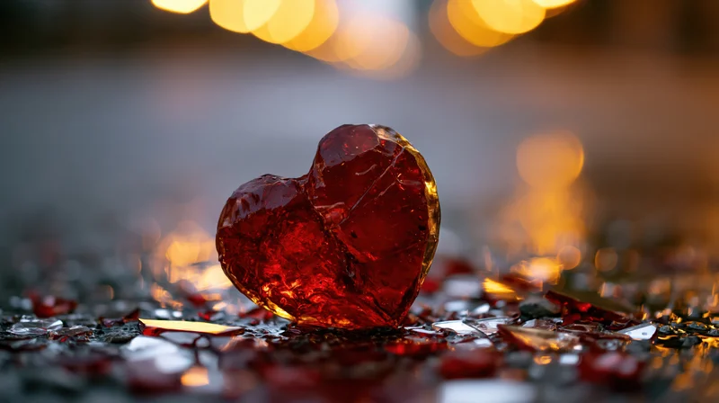Cracked red glass heart resting on wet asphalt with blurred city lights in background