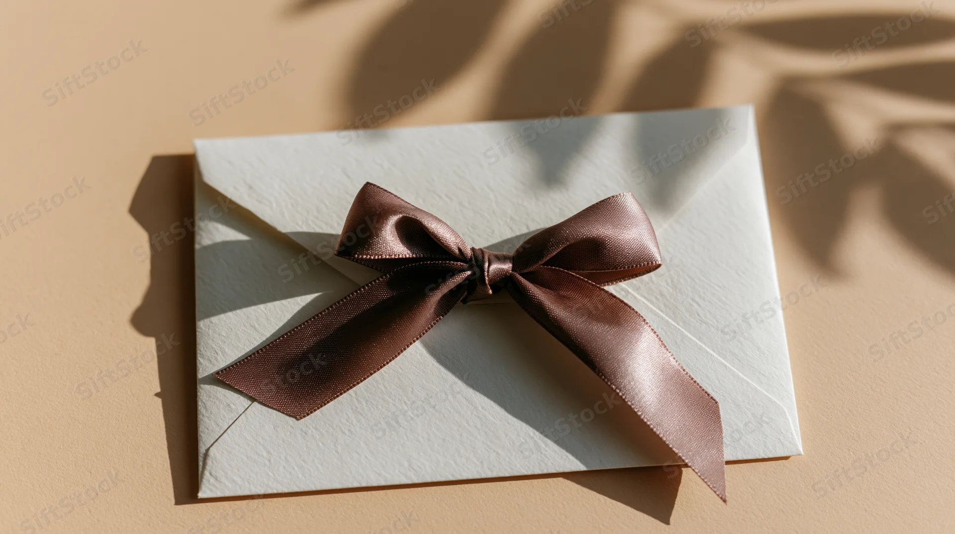 Cream envelope tied with satin mauve-brown ribbon on beige surface