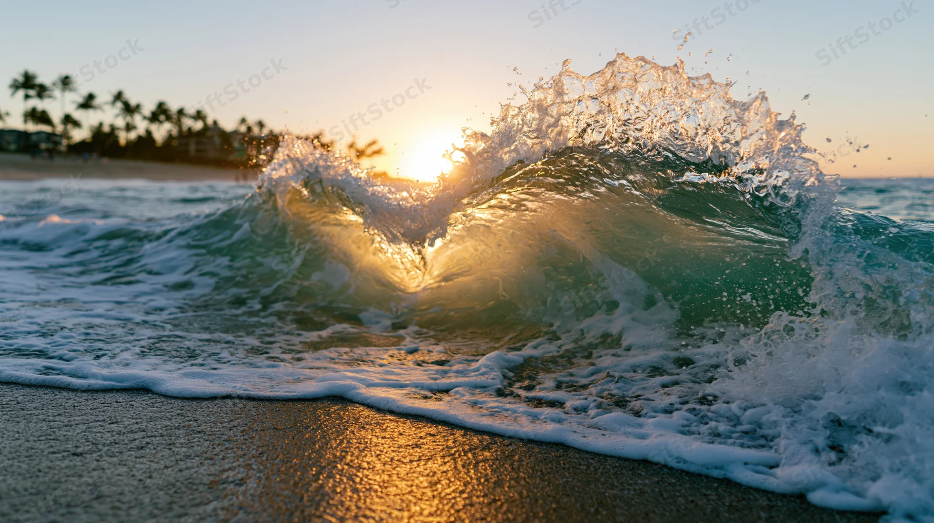 Cresting ocean wave forming a heart shape at sunset on a sandy beach
