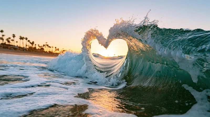 Ocean wave cresting into a heart shape at sunset on a beach