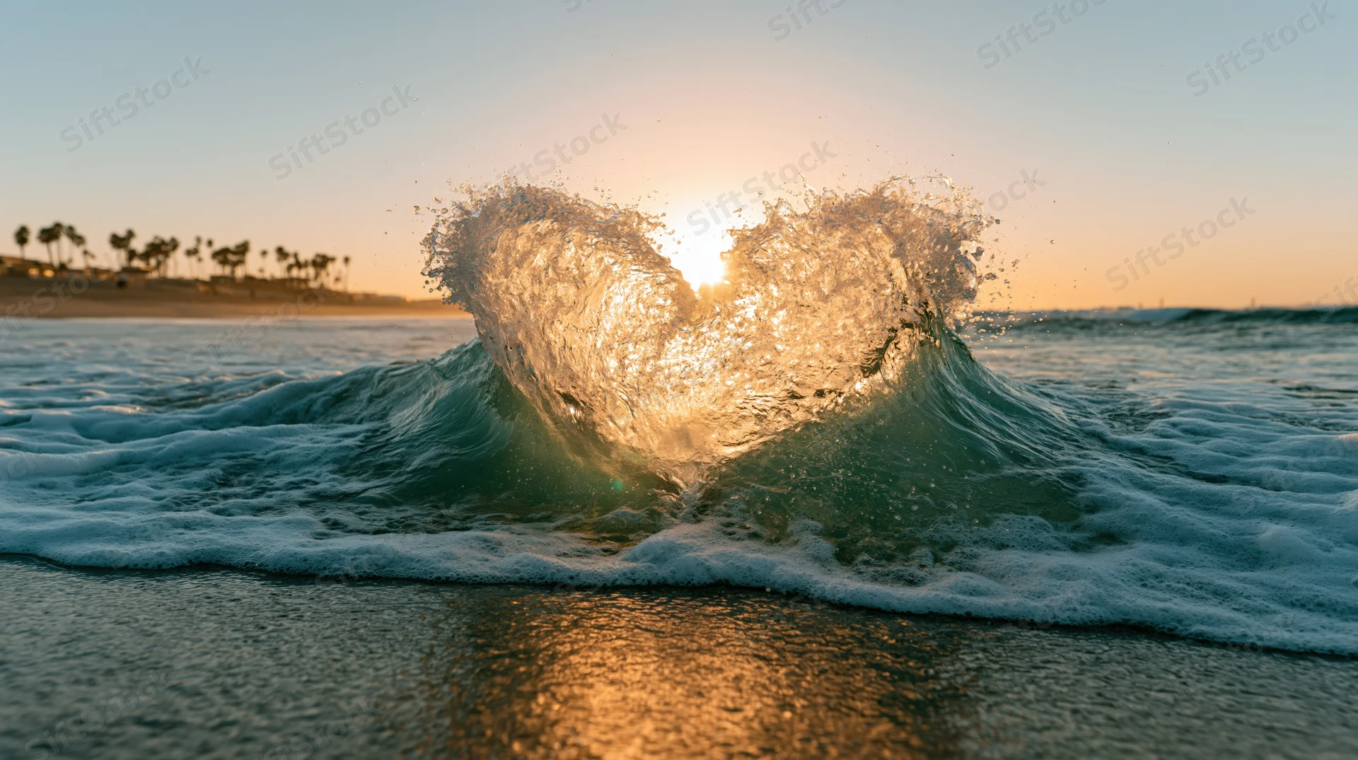 Ocean wave cresting into a heart shape at sunset on a sandy beach