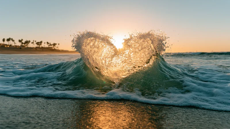 Ocean wave cresting into a heart shape at sunset on a sandy beach