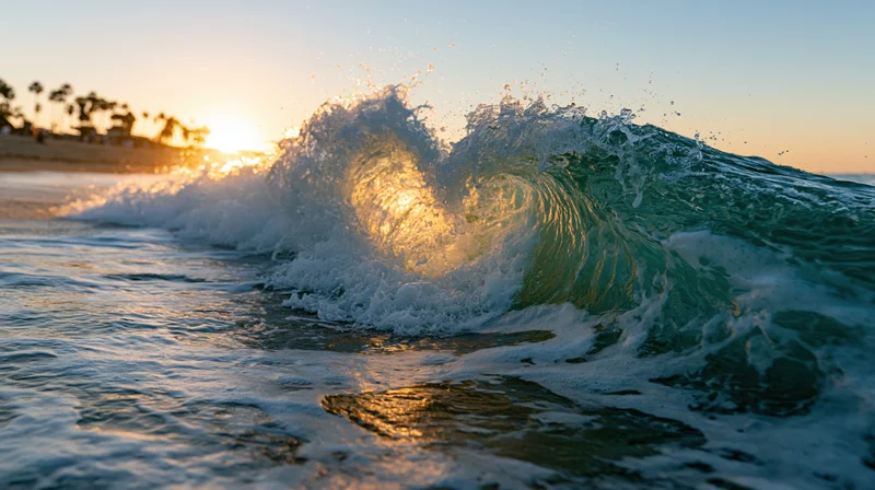 Ocean wave cresting into a heart shape at sunset on a beach