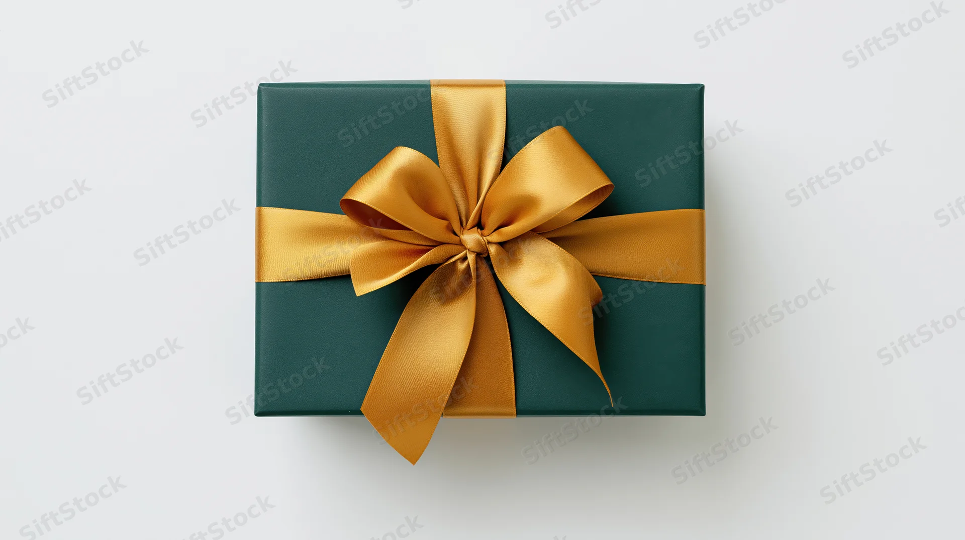 Dark green gift box with gold ribbon bow on white background