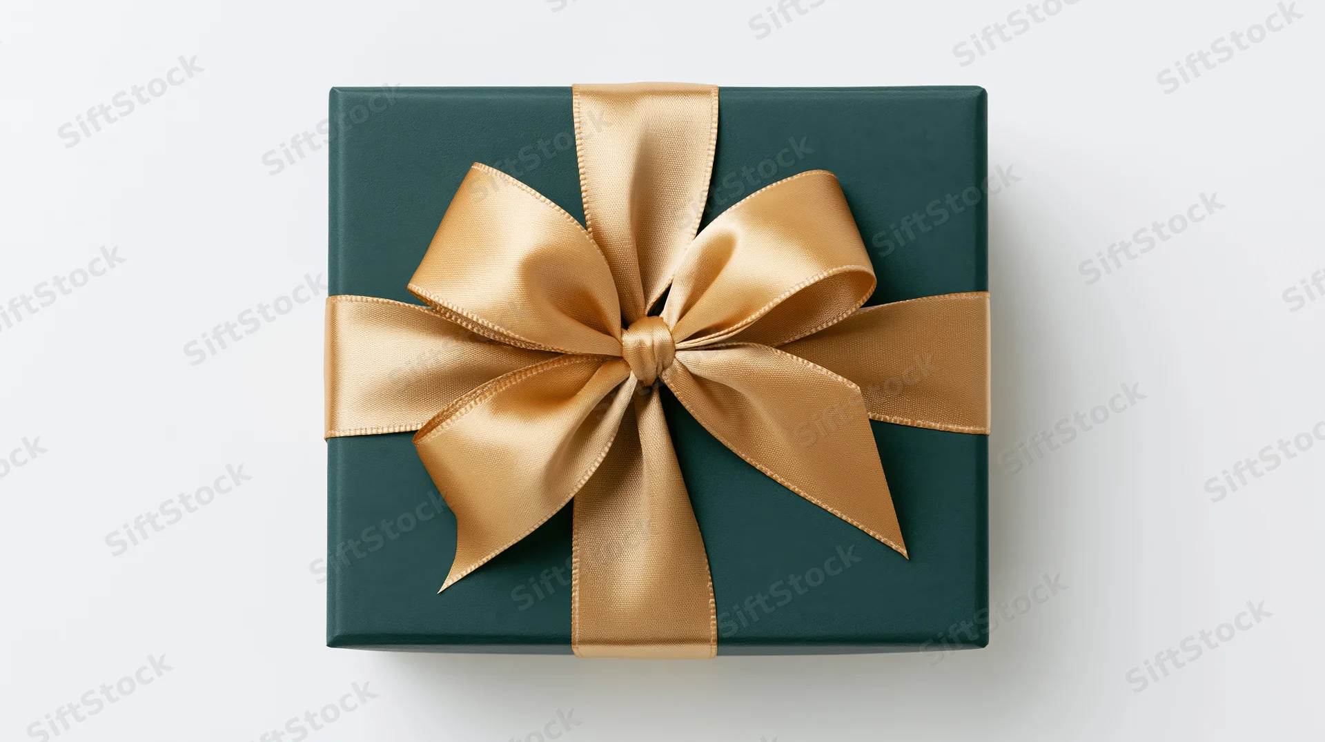 Dark green gift box with gold satin ribbon bow on white background