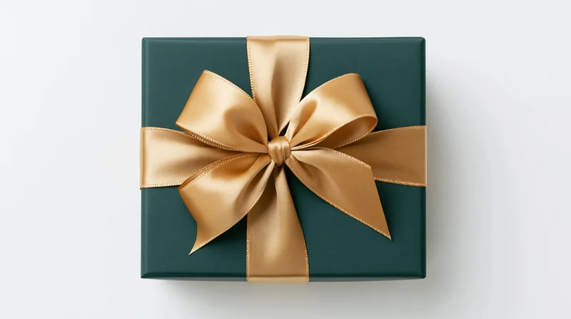 Dark green gift box with gold satin ribbon bow on white background