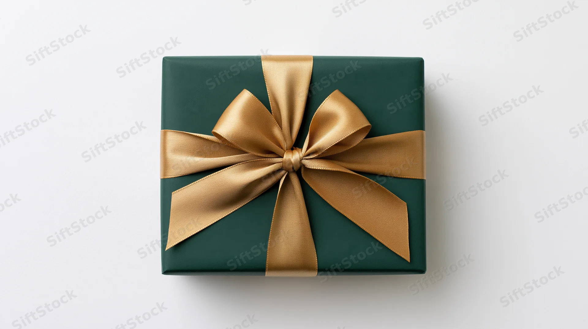 Dark green gift box with gold ribbon bow on white background