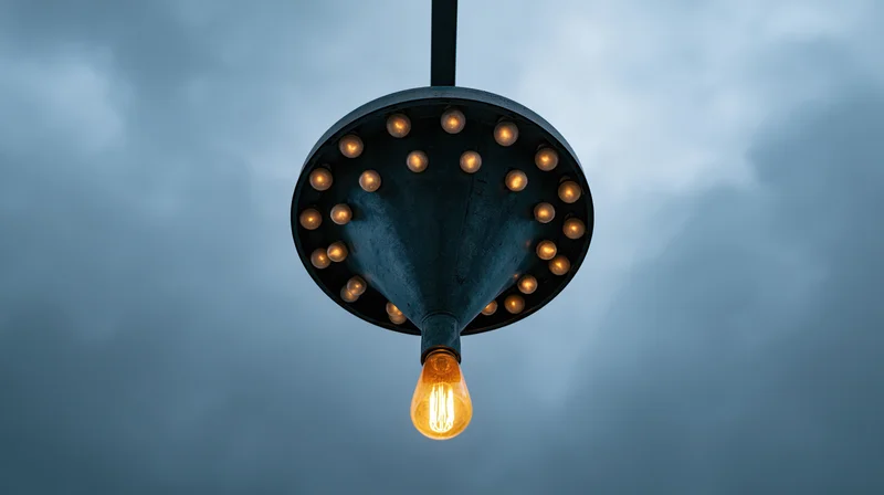 Vintage industrial pendant lamp with glowing edison bulb hanging against cloudy sky