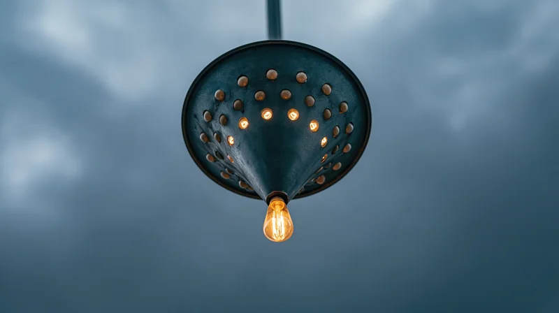 Dark perforated metal funnel with glowing edison bulb hanging against cloudy sky