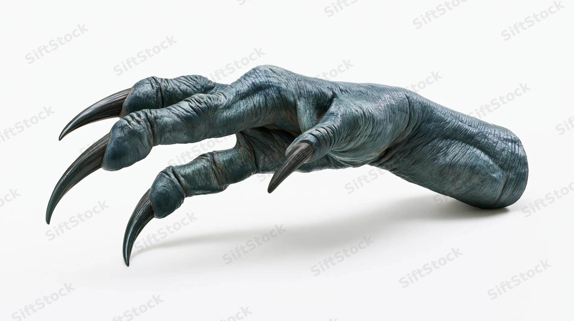 Dark teal-grey monster claw hand with long sharp curved nails isolated on white background